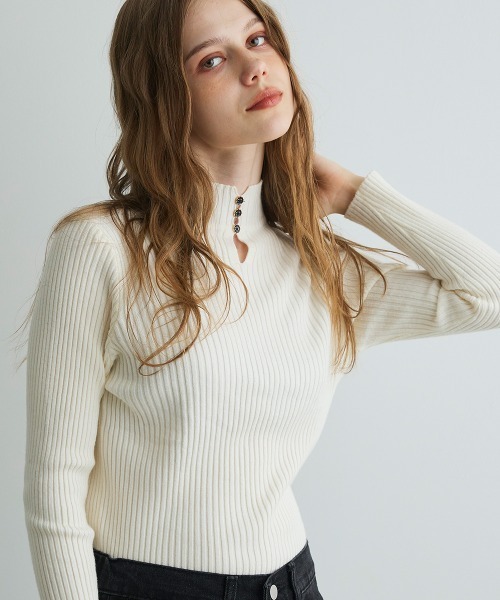 セール】キーネックボタンリブニット / Keyneck Button Rib Knit