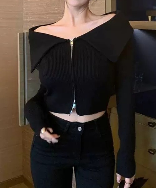 ampm（エーエムピーエム）の「ビッグカラーデザイン ジップアップニットトップス（ニット/セーター・レディース・ホワイト/ブラック・M/L）」の11枚目の写真