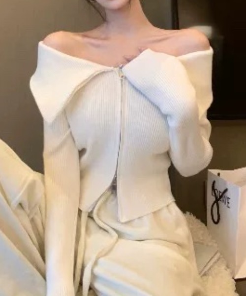 ampm（エーエムピーエム）の「ビッグカラーデザイン ジップアップニットトップス（ニット/セーター・レディース・ホワイト/ブラック・M/L）」の13枚目の写真