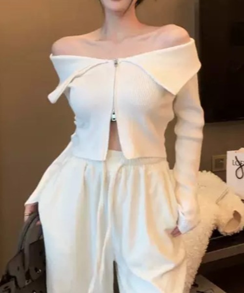 ampm（エーエムピーエム）の「ビッグカラーデザイン ジップアップニットトップス（ニット/セーター・レディース・ホワイト/ブラック・M/L）」の16枚目の写真