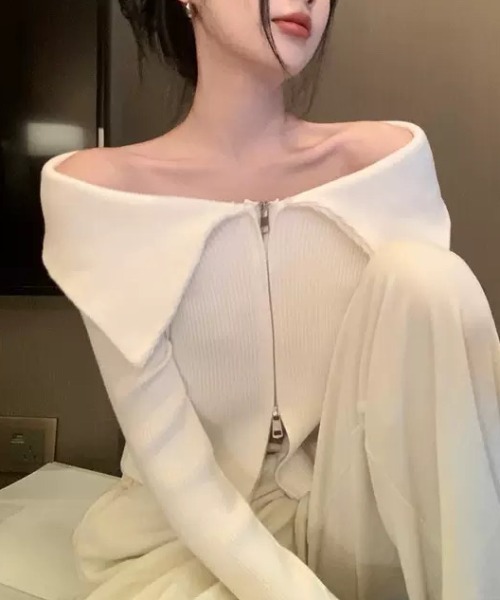 ampm（エーエムピーエム）の「ビッグカラーデザイン ジップアップニットトップス（ニット/セーター・レディース・ホワイト/ブラック・M/L）」の17枚目の写真