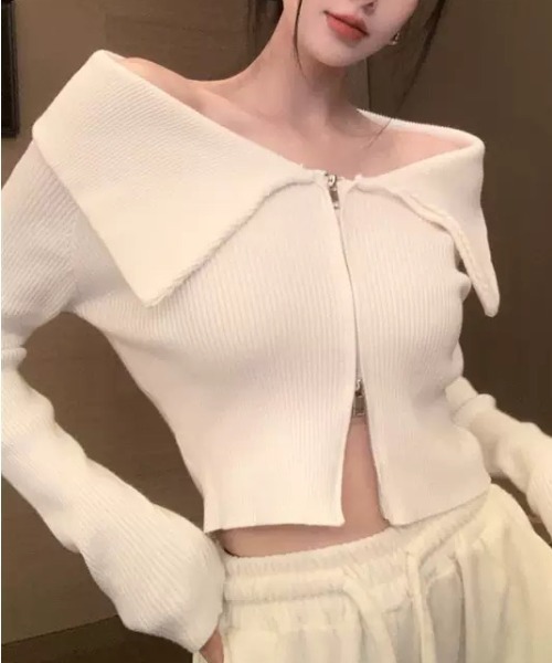 ampm（エーエムピーエム）の「ビッグカラーデザイン ジップアップニットトップス（ニット/セーター・レディース・ホワイト/ブラック・M/L）」の18枚目の写真