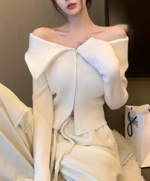 ampm（エーエムピーエム）の「ビッグカラーデザイン ジップアップニットトップス（ニット/セーター・レディース・ホワイト/ブラック・M/L）」の21枚目の写真