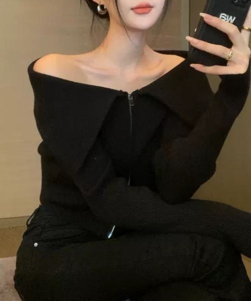 ampm（エーエムピーエム）の「ビッグカラーデザイン ジップアップニットトップス（ニット/セーター・レディース・ホワイト/ブラック・M/L）」の7枚目の写真