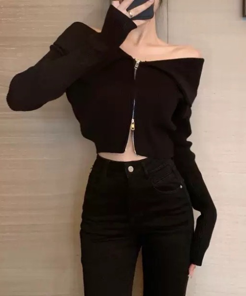 ampm（エーエムピーエム）の「ビッグカラーデザイン ジップアップニットトップス（ニット/セーター・レディース・ホワイト/ブラック・M/L）」の4枚目の写真