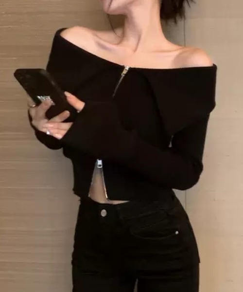 ampm（エーエムピーエム）の「ビッグカラーデザイン ジップアップニットトップス（ニット/セーター・レディース・ホワイト/ブラック・M/L）」の9枚目の写真