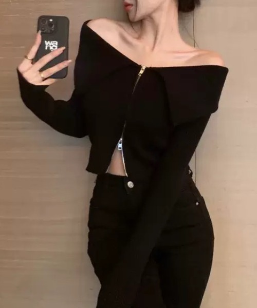 ampm（エーエムピーエム）の「ビッグカラーデザイン ジップアップニットトップス（ニット/セーター・レディース・ホワイト/ブラック・M/L）」の10枚目の写真