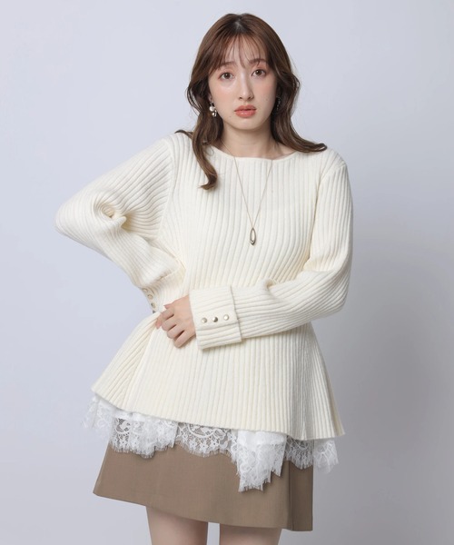 アプワイザー　レースヘムキャミセットニットチュニック　白ニット　ホワイト レースヘムキャミセットニットチュニック（ニット/セーター