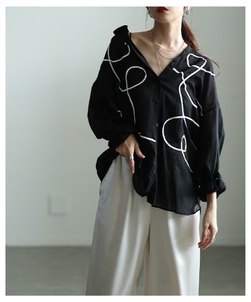 Sawa a la mode（サワアラモード）の「ランダムコード刺繍シアーシャツ（シャツ/ブラウス・レディース・ベージュ/ブラック・FREE）」の13枚目の写真