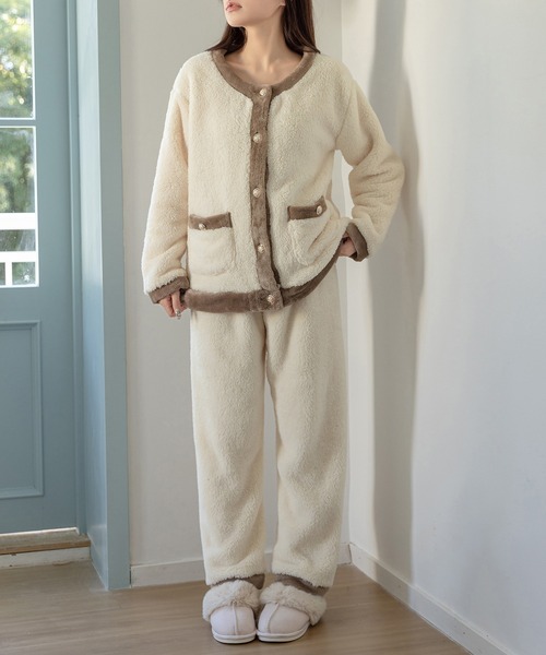 ルームウェアまとめて セール】【セットアップ/金釦でレディな雰囲気】長袖ノーカラー