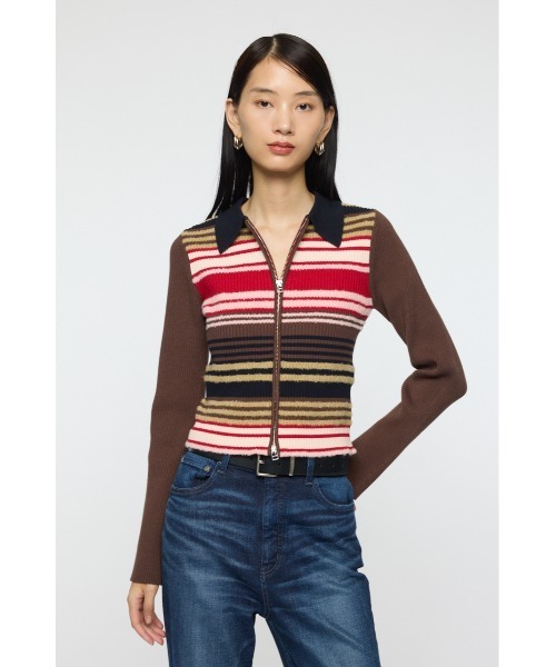 MOUSSY（マウジー）の「STRIPE ZIP UP KNIT シャツ（ニット/セーター・レディース・ネイビー/アイボリー/レッド系その他/ブラウン系その他・FREE）」の3枚目の写真