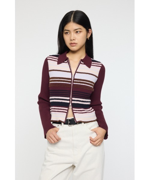 MOUSSY（マウジー）の「STRIPE ZIP UP KNIT シャツ（ニット/セーター・レディース・ネイビー/アイボリー/レッド系その他/ブラウン系その他・FREE）」の4枚目の写真