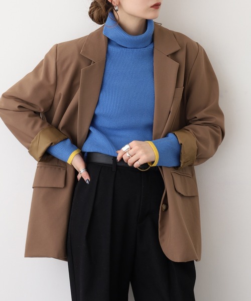 EGLANTINE(エグランティーヌ)の「EGLANTINE 袖口配色タートルネックリブニット(ニット/セーター・レディース・ブルー/パープル/レンガ/ブルーグリーン・40)」の1枚目の写真