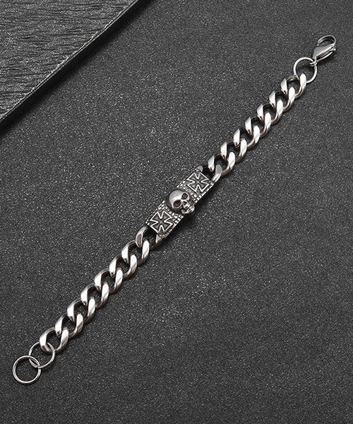 Bz】アイアンクロス＆スカルシルバーブレスレット/メンズ(SK