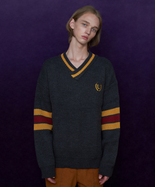 V-NECK LONG SLEEVE SWEATER/CHARCOAL