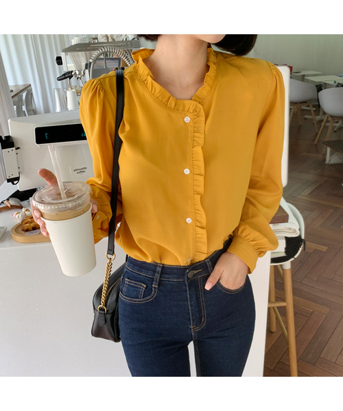 BBAEBBAE(ペッペ)の「フリルシャーリング長袖ブラウス(シャツ/ブラウス・レディース・ブラック/マスタード・SMALL/MEDIUM)」の1枚目の写真