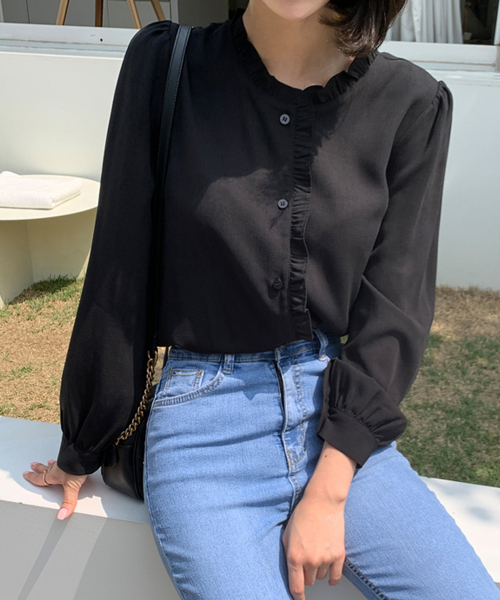 BBAEBBAE(ペッペ)の「フリルシャーリング長袖ブラウス(シャツ/ブラウス・レディース・ブラック/マスタード・SMALL/MEDIUM)」の3枚目の写真