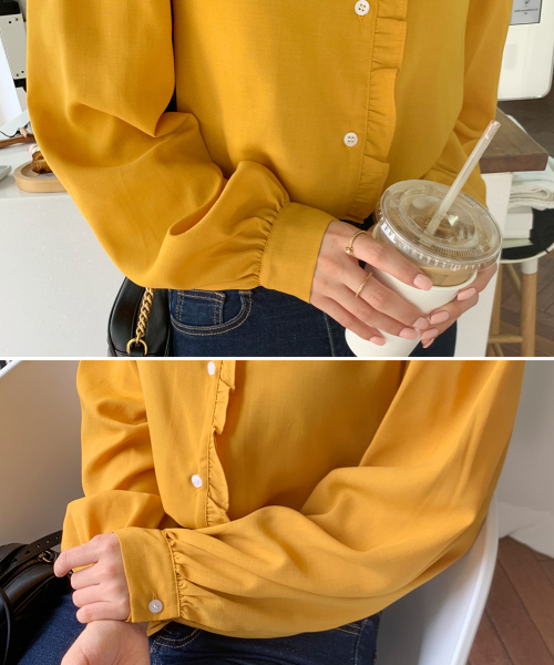 BBAEBBAE(ペッペ)の「フリルシャーリング長袖ブラウス(シャツ/ブラウス・レディース・ブラック/マスタード・SMALL/MEDIUM)」の7枚目の写真