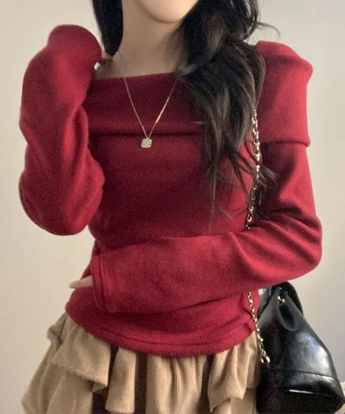 VIVID LADY(ビビッドレディー)の「折り返しワイドネック オフショル風 起毛 ロンT 長袖(Tシャツ/カットソー・レディース・ブラック/アイボリー/グレー/ワイン・FREE)」の4枚目の写真