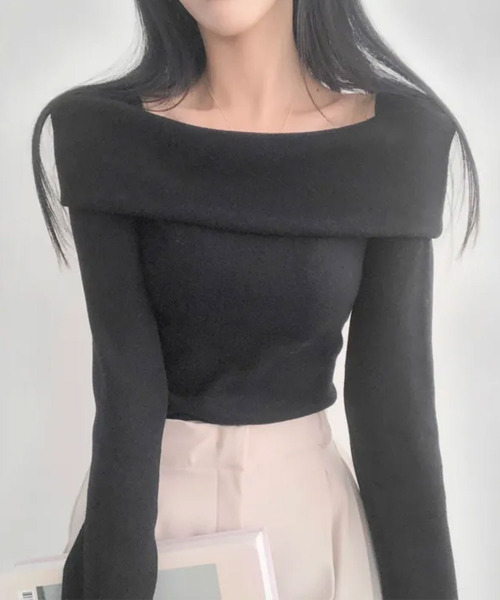 VIVID LADY(ビビッドレディー)の「折り返しワイドネック オフショル風 起毛 ロンT 長袖(Tシャツ/カットソー・レディース・ブラック/アイボリー/グレー/ワイン・FREE)」の1枚目の写真