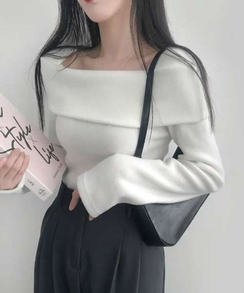 VIVID LADY(ビビッドレディー)の「折り返しワイドネック オフショル風 起毛 ロンT 長袖(Tシャツ/カットソー・レディース・ブラック/アイボリー/グレー/ワイン・FREE)」の8枚目の写真