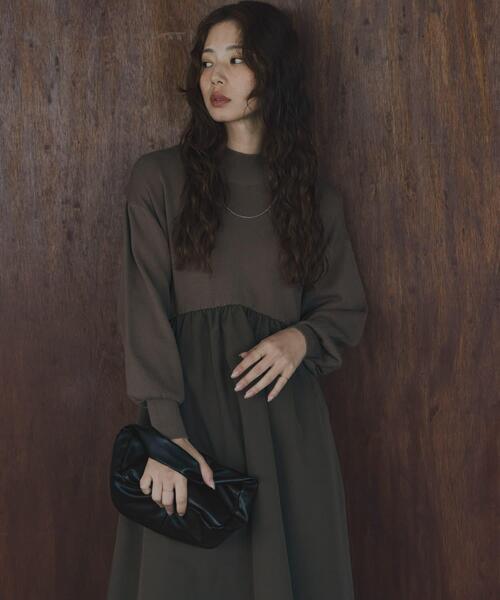 セール】モックネックドッキングニットワンピース（ワンピース