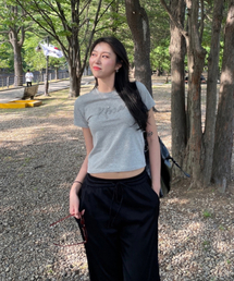 (ウィメンズ) フラワーフリル半袖Tシャツ_グレー