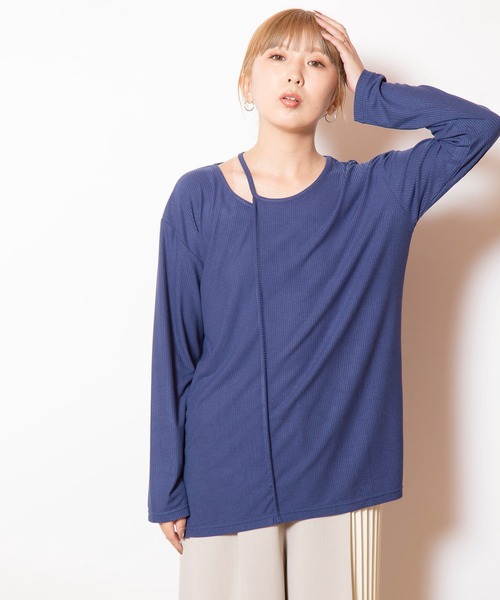 OSMOSIS(オズモーシス)の「アシンメトリーテレコ長袖Tシャツ(Tシャツ/カットソー・レディース・チャコール/ネイビー/ブラック/アイボリー・ONE SIZE)」の2枚目の写真