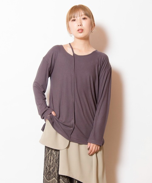 OSMOSIS(オズモーシス)の「アシンメトリーテレコ長袖Tシャツ(Tシャツ/カットソー・レディース・チャコール/ネイビー/ブラック/アイボリー・ONE SIZE)」の4枚目の写真