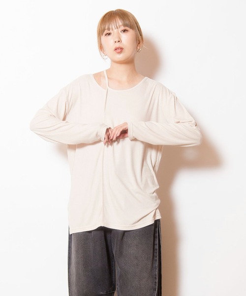OSMOSIS(オズモーシス)の「アシンメトリーテレコ長袖Tシャツ(Tシャツ/カットソー・レディース・チャコール/ネイビー/ブラック/アイボリー・ONE SIZE)」の3枚目の写真