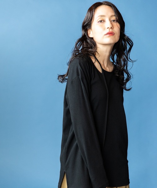 OSMOSIS(オズモーシス)の「アシンメトリーテレコ長袖Tシャツ(Tシャツ/カットソー・レディース・チャコール/ネイビー/ブラック/アイボリー・ONE SIZE)」の1枚目の写真