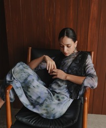 Callarus | 3点セット/スパンコール刺繍コードレースジレ+マーブル柄チュールワンピースドレスセットアップ(キャミソール付)〔Callarus〕(ワンピース)
