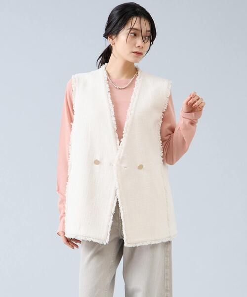 Liesse(リエス)の「スラブツイードフリンジジレ(ベスト・レディース・アイボリー/ブラック・FREE)」の1枚目の写真
