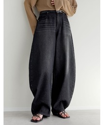 [DENIM COLLECTION][低身長/高身長サイズ有]コットンブレンドバルーンワイドカーブデニムパンツ