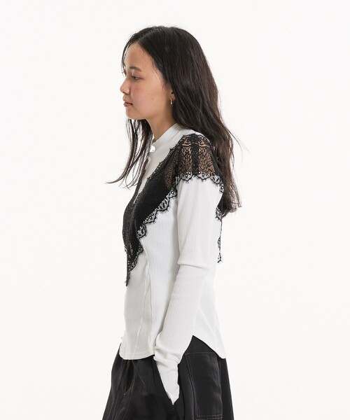 Vネックレースプルオーバー｜ウォッシャブル/細見え/春服（Tシャツ