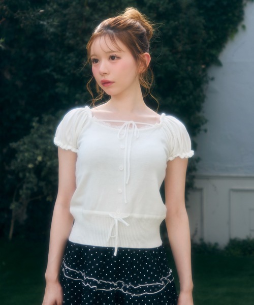 BUBBLES♡オーガンジースリーブリブトップス BUBBLES】オープンネックリブトップス | sparkling mall online store