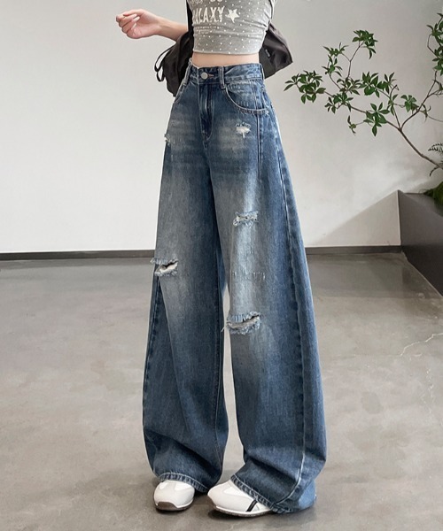 LUCPY(ラクピー)の「ハイウエストダメージワイドデニムパンツ(デニムパンツ・レディース・ネイビー・X-SMALL/SMALL/MEDIUM/LARGE)」の1枚目の写真