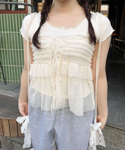 frunco(フランコ)の「チュールキャミソール付きTシャツ(Tシャツ/カットソー・レディース・ピンク/ホワイト/グレー・FREE)」の4枚目の写真