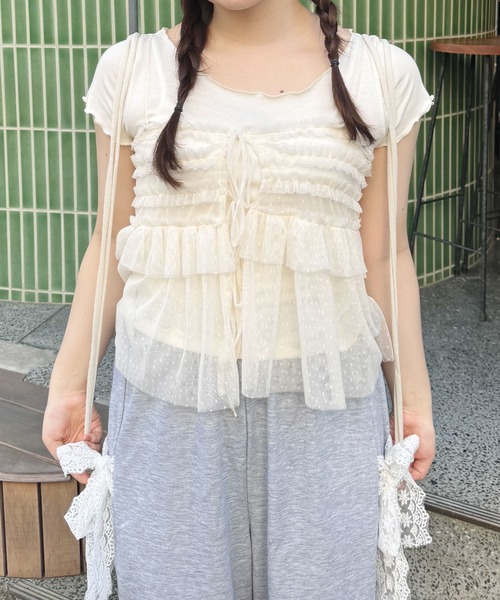 frunco(フランコ)の「チュールキャミソール付きTシャツ(Tシャツ/カットソー・レディース・ピンク/ホワイト/グレー・FREE)」の7枚目の写真