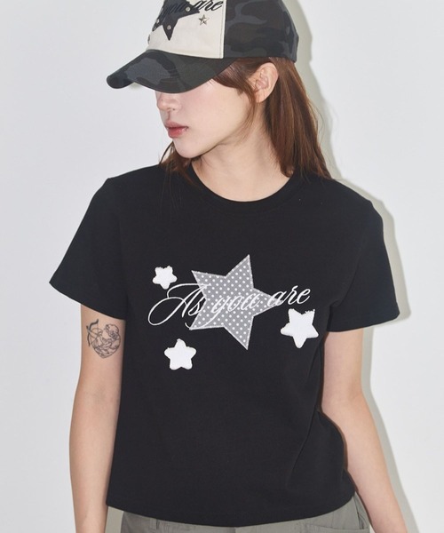 as you are(アズユーアー)の「ASUR/スターパッチクロップTシャツ(Tシャツ/カットソー・レディース・チャコールグレー/ホワイト/ブラック・FREE)」の3枚目の写真