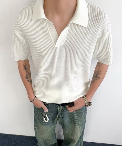Ressaca(レサーカ)の「キーネック半袖ニットポロシャツ(ポロシャツ・メンズ・アイボリー/ブラック/グレー・L/M/XL)」の11枚目の写真