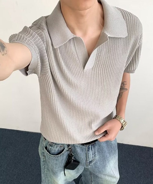 Ressaca(レサーカ)の「キーネック半袖ニットポロシャツ(ポロシャツ・メンズ・アイボリー/ブラック/グレー・L/M/XL)」の18枚目の写真