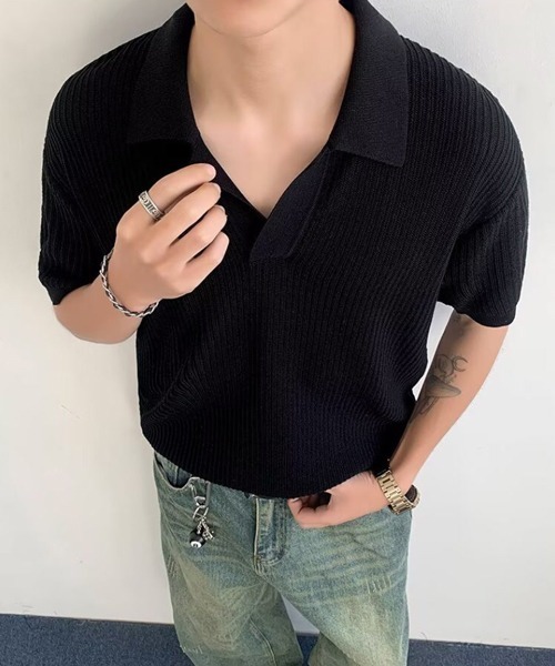 Ressaca(レサーカ)の「キーネック半袖ニットポロシャツ(ポロシャツ・メンズ・アイボリー/ブラック/グレー・L/M/XL)」の7枚目の写真