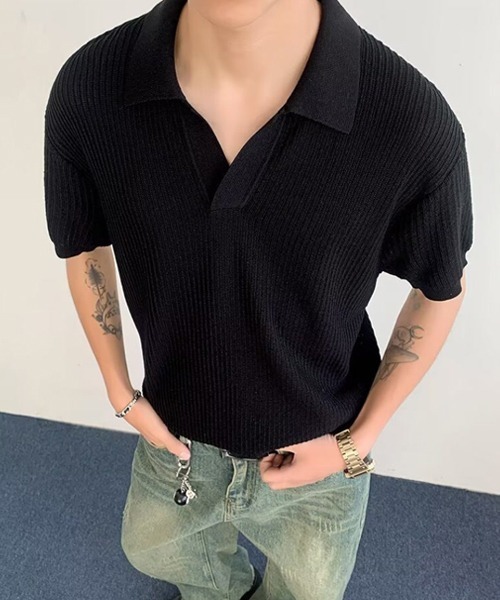 Ressaca(レサーカ)の「キーネック半袖ニットポロシャツ(ポロシャツ・メンズ・アイボリー/ブラック/グレー・L/M/XL)」の4枚目の写真