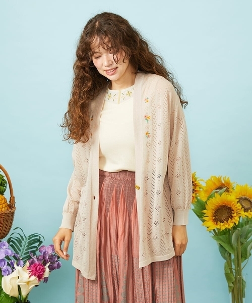 接触冷感】Fresco フラワー刺繍ロングカーディガン（カーディガン