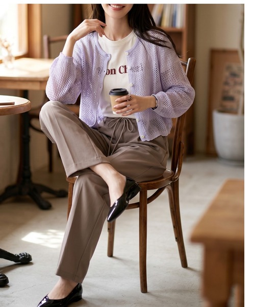 umune（ウムネ）の「カーディガン メッシュ ニット メッシュ編みショート丈 透け感 羽織り UV 冷房対策 大人カジュアル 秋 冬（カーディガン/ボレロ・レディース・ブラウン/ラベンダー/ブラック・FREE）」の14枚目の写真