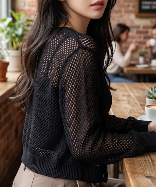 umune（ウムネ）の「カーディガン メッシュ ニット メッシュ編みショート丈 透け感 羽織り UV 冷房対策 大人カジュアル 秋 冬（カーディガン/ボレロ・レディース・ブラウン/ラベンダー/ブラック・FREE）」の18枚目の写真