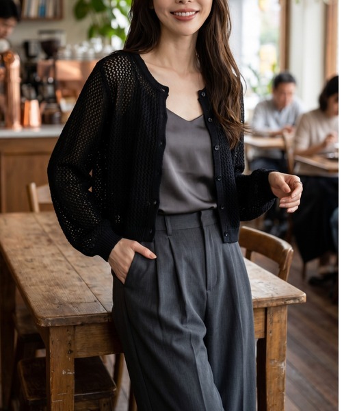 umune（ウムネ）の「カーディガン メッシュ ニット メッシュ編みショート丈 透け感 羽織り UV 冷房対策 大人カジュアル 秋 冬（カーディガン/ボレロ・レディース・ブラウン/ラベンダー/ブラック・FREE）」の19枚目の写真
