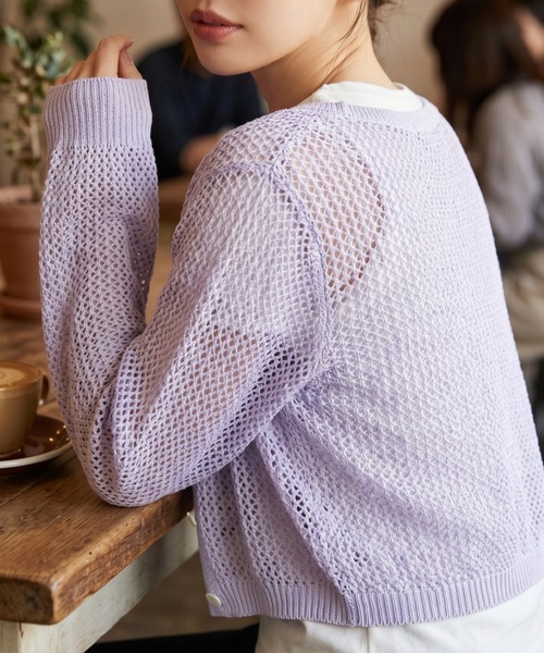umune（ウムネ）の「カーディガン メッシュ ニット メッシュ編みショート丈 透け感 羽織り UV 冷房対策 大人カジュアル 秋 冬（カーディガン/ボレロ・レディース・ブラウン/ラベンダー/ブラック・FREE）」の6枚目の写真