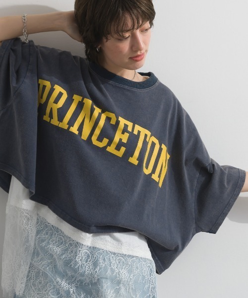 enhaut(アンオート)の「OEパウダー天竺 PRINCETON ロゴ 短丈 ワイドボリューム Tシャツ(Tシャツ/カットソー・レディース・グリーン/ネイビー/アイボリー/チャコールグレー・FREE)」の1枚目の写真